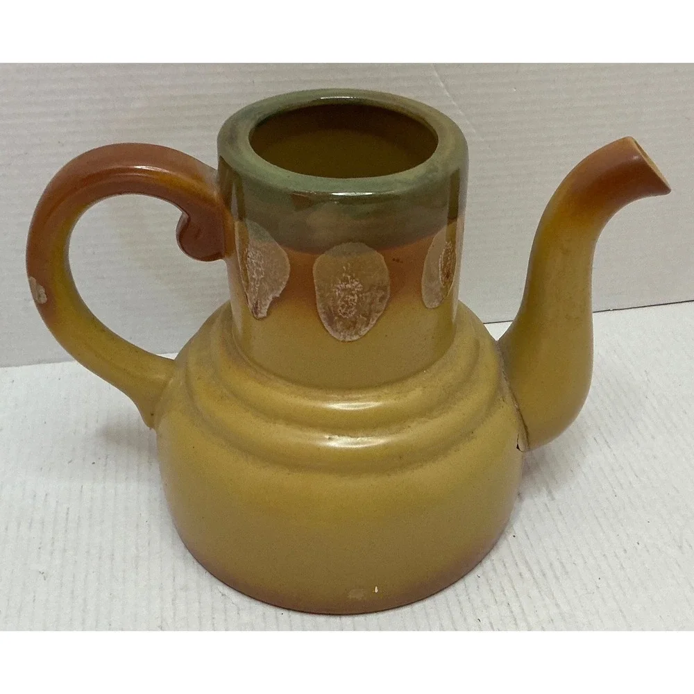 Vintage Ceramic Teapot Drip Glaze Mustard Yellow Mid Century Style READ